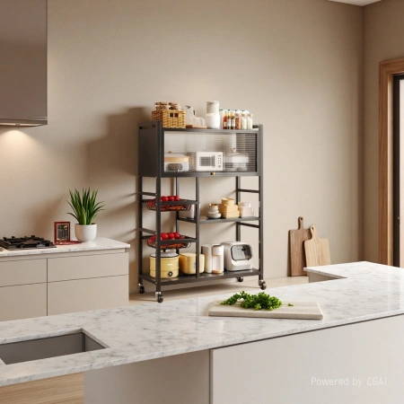 Kitchen storage rack, sideboard, floor-standing multi-layer fruit and vegetable storage rack, household multi-functional cookware storage rack, black model (two nets and one board), top layer with door - comes with universal wheels Kitchen storage rack, sideboard, floor-standing multi-layer fruit and vegetable storage rack, household multi-functional cookware storage rack, black model (two nets and one board), top layer with door - comes with universal wheels